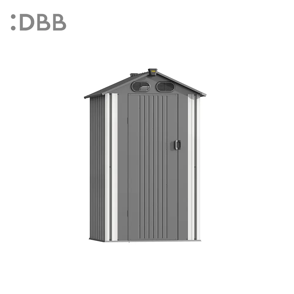 The correct method and precautions for assembling DBB metal storage sheds 3 KingSuper series metal garden shed with Gable roof beige gray 4x4ft 1