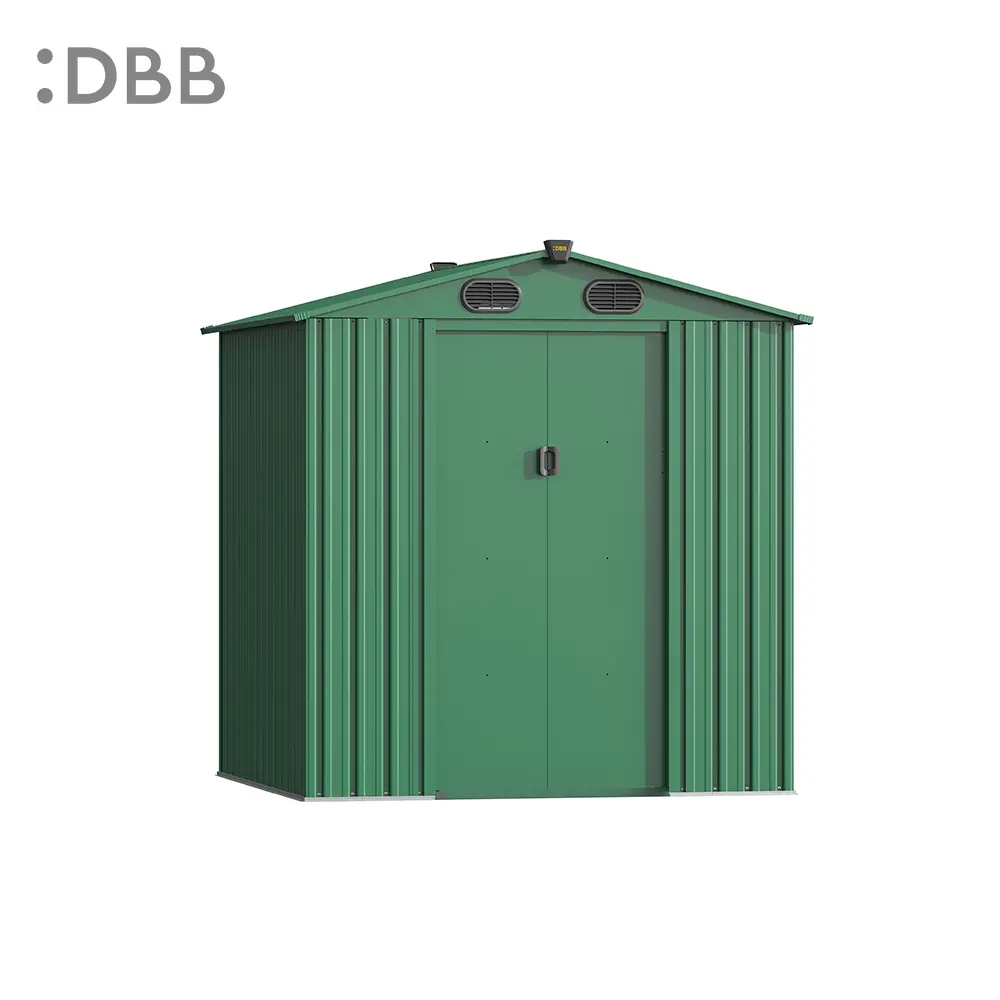 Five Popular Metal Outdoor Storage Shed Design Styles and Trends 3 KingSuper series metal garden shed with Gable roof green
