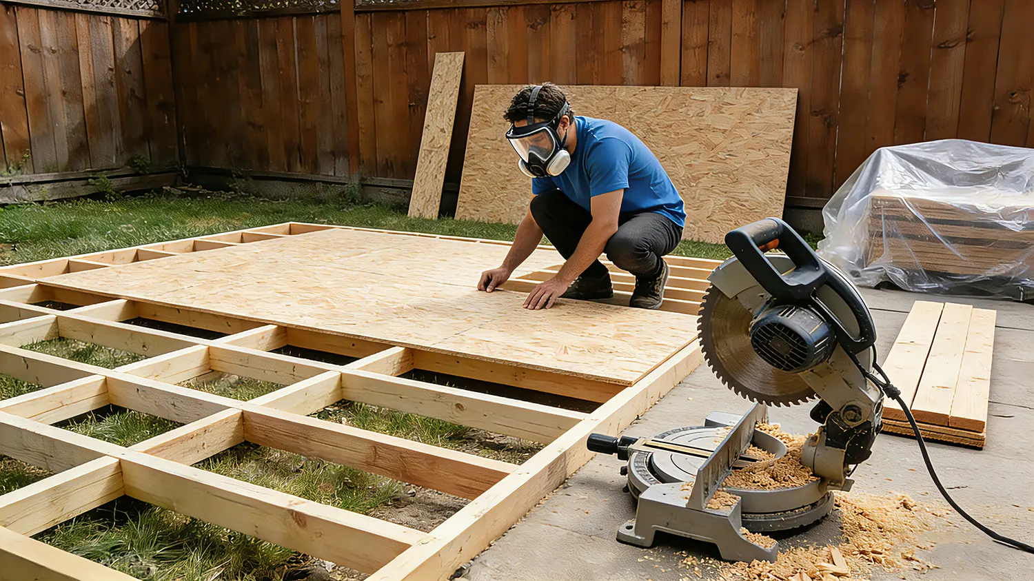 Construction-of-wooden-foundation-for-outdoor-bar-shed