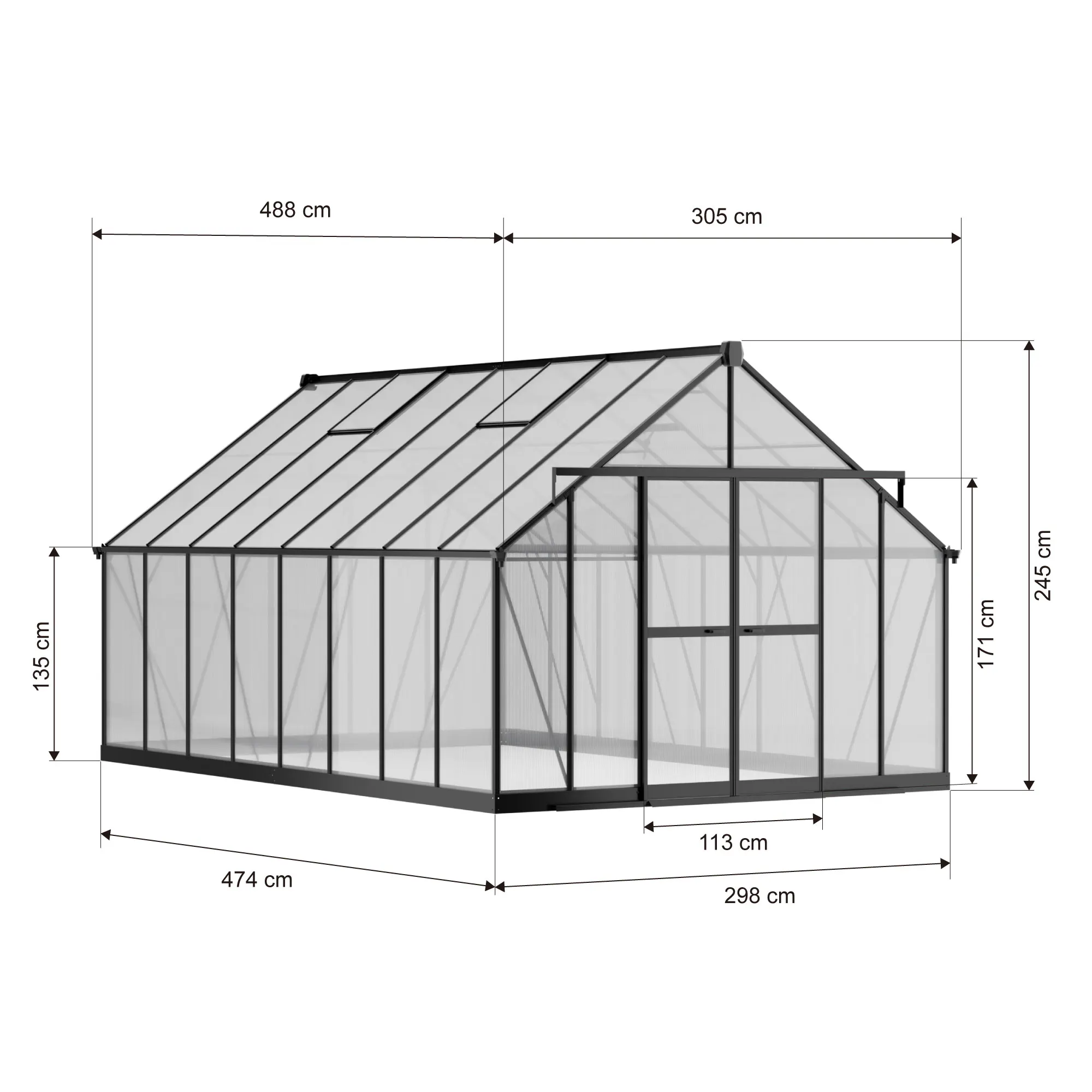 10x16-ft-aluminium-gable-roof-greenhouse-with-polycarbonate-panels-s-series-linedrawing-1