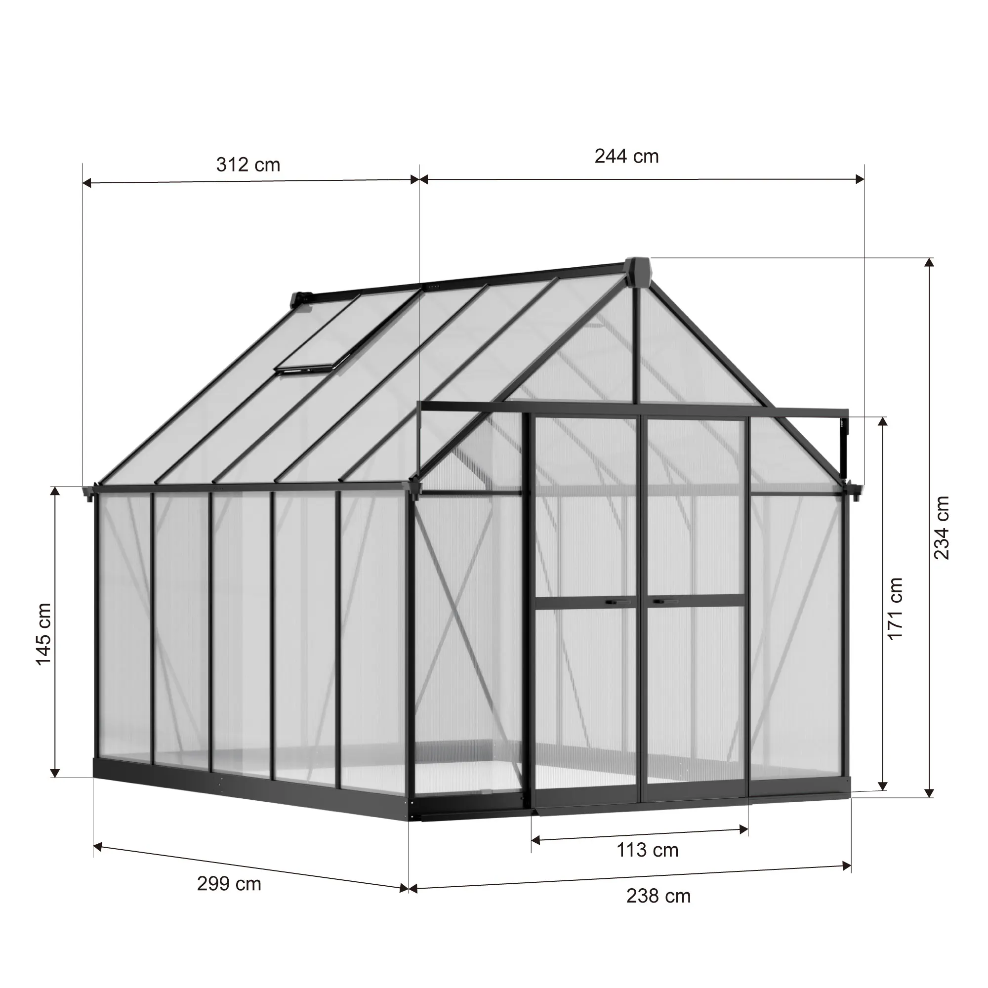 8x10-ft-aluminium-gable-roof-greenhouse-with-polycarbonate-panels-s-series-linedrawing-1