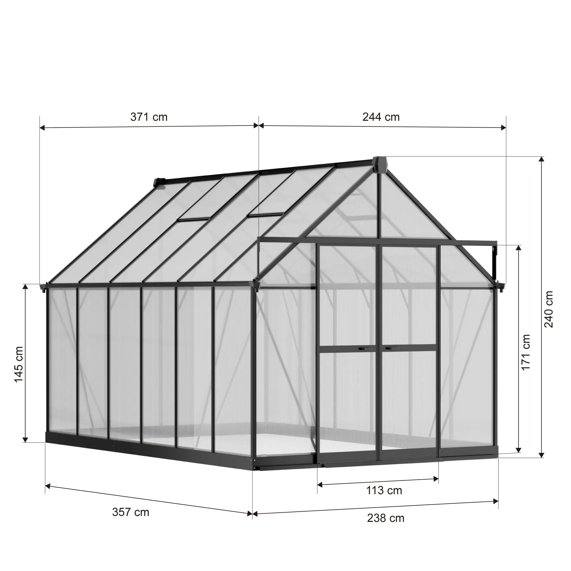8x12-ft-aluminium-gable-roof-greenhouse-with-polycarbonate-panels-s-series-linedrawing-1