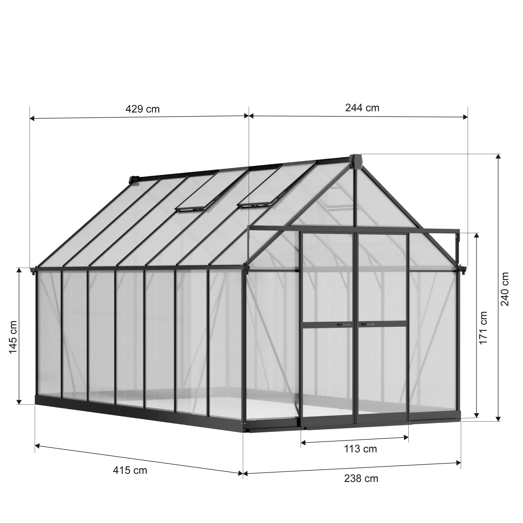 8x14-ft-aluminium-gable-roof-greenhouse-with-polycarbonate-panels-s-series-linedrawing-1