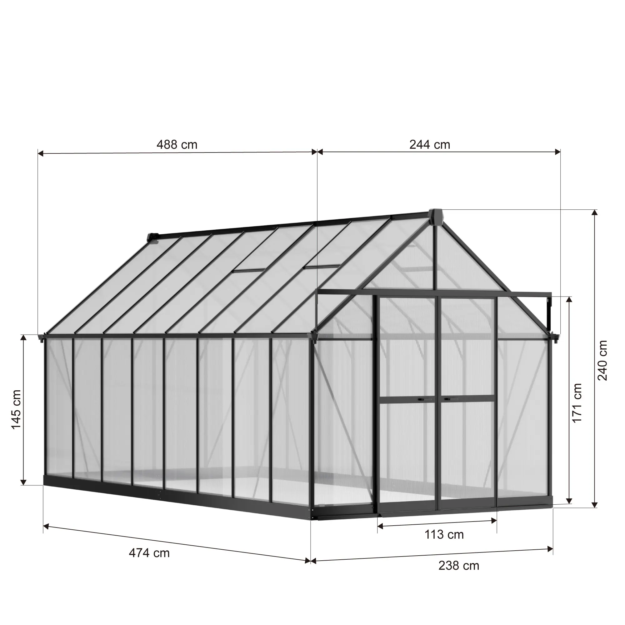 8x16-ft-aluminium-gable-roof-greenhouse-with-polycarbonate-panels-s-series-linedrawing-1