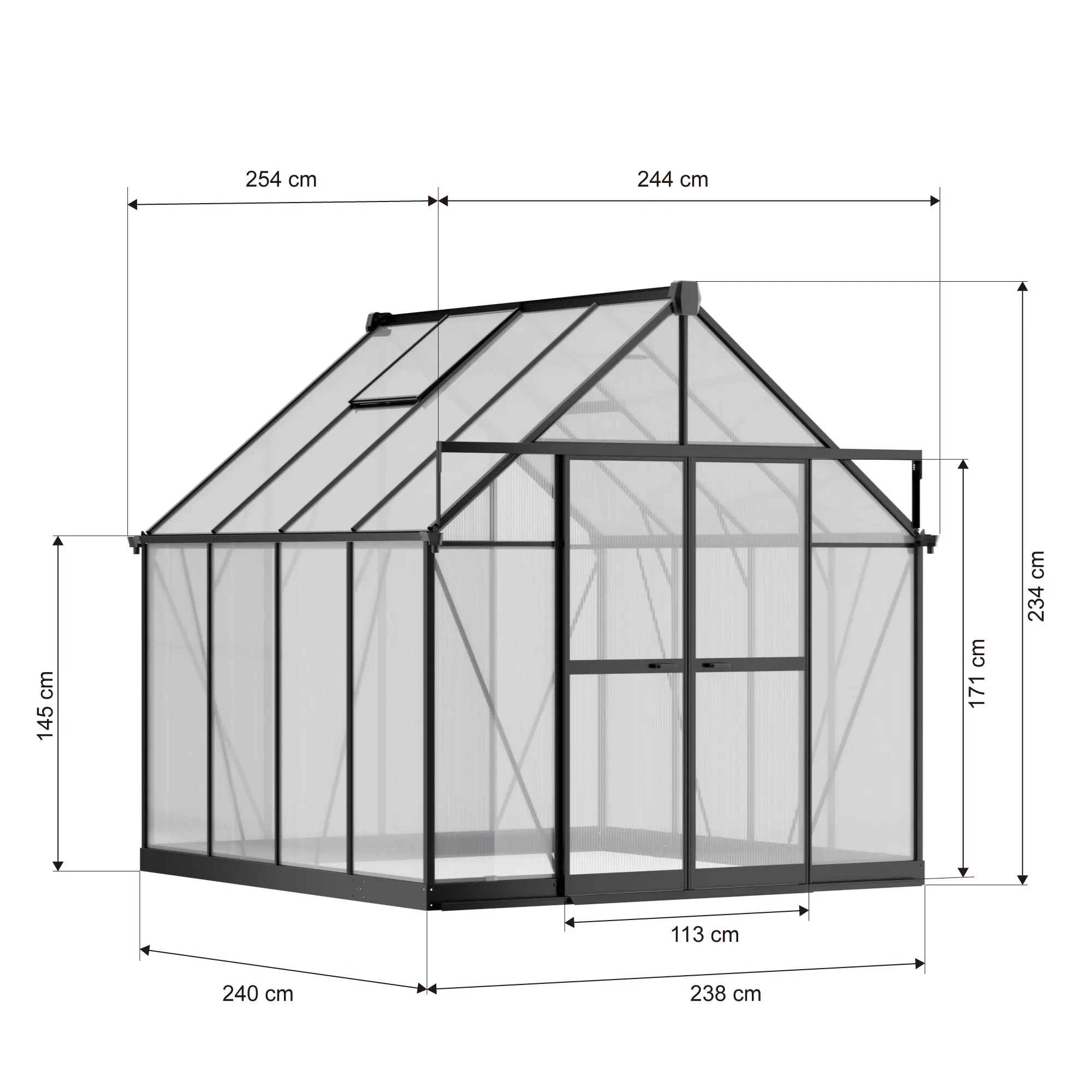 8x8-ft-aluminium-gable-roof-greenhouse-with-polycarbonate-panels-s-series-linedrawing-1